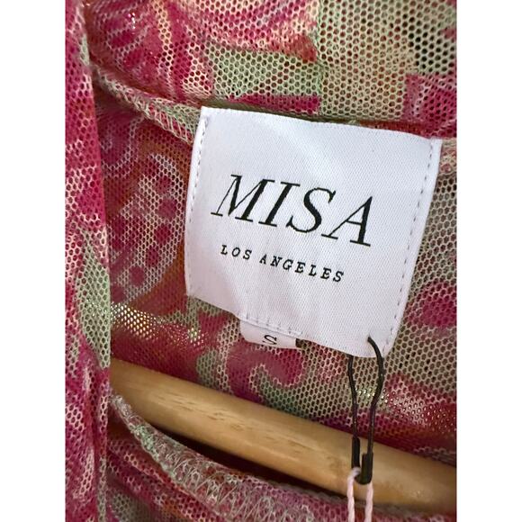 MISA Los Angeles Viviene Boho Pink Floral Mesh Vintage Bodycon Dress S NWT - Picture 3 of 6